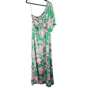 Sugarlips Green & Pink Floral One-Shoulder Maxi Dress Large